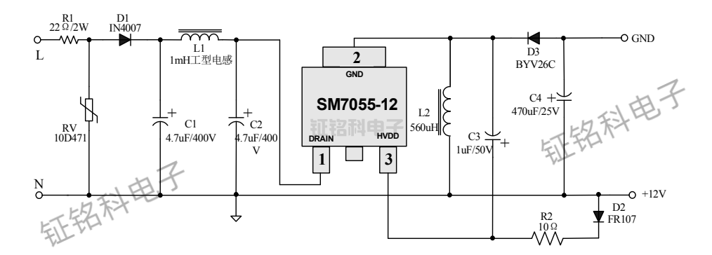 AC/DC恒压电源芯片SM7055-12 输出电压12V/18V(图2) SM7055-12典型应用案例.png